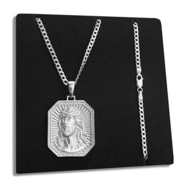 Imagem de Corrente Grumet e Pingente Rosto Face Jesus Cristo Prata 925 Legítima 