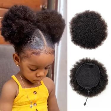 Imagem de Boymia Rabo De Cavalo Afro Puff Para Crianças #1B, Preto Natural, 4 Polegadas, 2 Peças, Cabelo Humano 100% Remy, Afro-Americano, Crespo, Cacheado, Extensões Com Cordão, Chignon