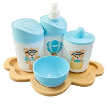 Imagem de Kit Higiene Baby Ursinho Baloeiro Menino c/bandeja em MDF (Nuvem Crua/Azul)