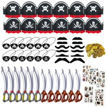 Imagem de Hlimior Conjunto De Suprimentos Divertidos Para Festa Pirata - Pacote Com 153 Peças Crianças: Aniversário, Aventura E Lembrança. Inclui 12 Chapéus, Tapa-Olhos, Espadas, Barbas, Bigodes, 100 Moedas O