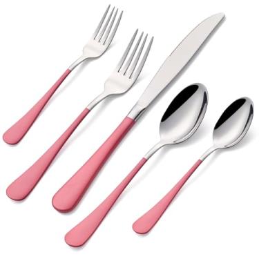 Imagem de DINYWOW Conjunto De Talheres Aço Inoxidável Com Cabo Rosa, 20 Peças, Inclui Garfos, Colheres E Facas, Utensílios Laváveis Na Máquina Lavar Louça, Para Casa Restaurante