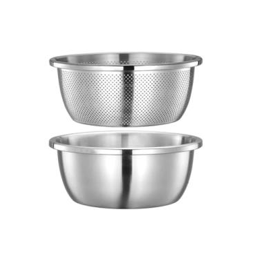 Imagem de Tigelas de mistura com escorredor coador de cozinha de aço inoxidável 304 para lavar arroz, legumes, macarrão (20 cm/8")