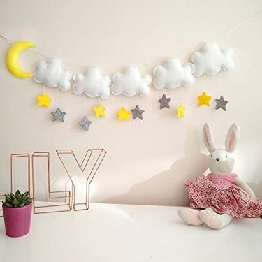 Imagem de Bemeet Decoração De Parede Feltro Com Estrelas E Nuvens 1,5 M (Conjunto 1), Guirlanda Nuvens, Lua Para Quarto Infantil, Sala Estar, Artigos Chá Bebê, Guirlandas Cordas Tema Céu, Berçário