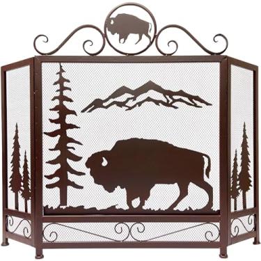 Imagem de BestGiftEver Tela De Lareira Decorativa Com 3 Painéis E Design Majestoso Bisão, Ícone Norte-Americano - Proteção Independente Em Malha Metálica Para Residencial, Estilo Rústico Campestre