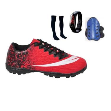 Imagem de Chuteira Society Adulto Infantil com Meião Caneleira e Relogio New - P