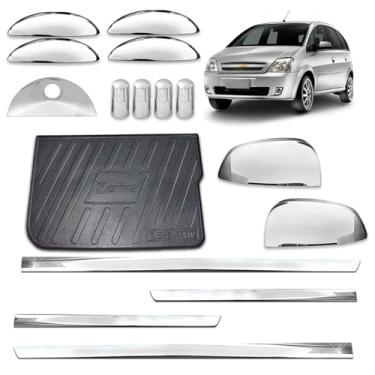 Imagem de Aplique Friso Lateral Slim + Maçaneta 4 Portas + Maçaneta Traseira + Par de Retrovisor + Protetor Bandeja de Porta-malas + Tampa de valvula adaptável para Meriva 2002 a 2012 Kit Cromado