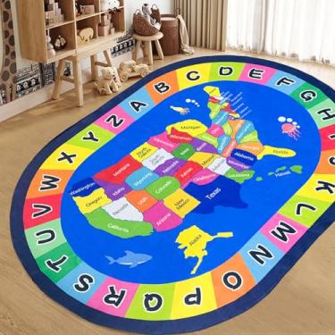 Imagem de USTIDE Tapete grande oval infantil 1,5 x 1,8 m, mapa dos EUA, alfabeto, educativo e divertido, tapete de sala de aula, antiderrapante, tapete temático para aprendizado e área de jogos para decoração