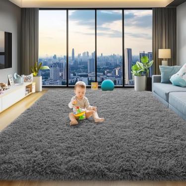 Imagem de qulint Tapetes de área de 20 x 25 cm para sala de estar, tapete grande e fofo para quarto, tapetes macios felpudos, felpudos, para meninos e meninas, decoração de casa (2,4 m x 3 m, cinza escuro)