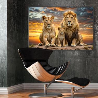 Imagem de Quadro decorativo Família de leão com um filhote - MeMoldura, 60X90, M