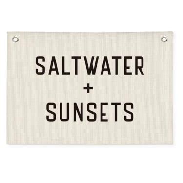 Imagem de Wheatwin Decoração de quarto de meninos praia costeira para pendurar na parede | Faixa de lona de linho para água salgada e pôr do sol para sala de jogos infantis, berçário, barraca de surfe | Placa