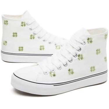 Imagem de Iarus Tênis feminino de cano alto branco bordado floral moderno casual lona confortável tênis de caminhada, Flor verde, 39