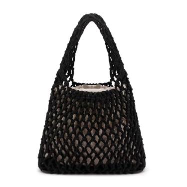 Imagem de Naimo Bolsa de praia de palha grande de tecido de vime, bolsa de ombro com rede de pesca, bolsa de corda de algodão, bolsa Hobo de crochê de verão, Preto, One Size