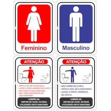 Imagem de Kit 4 Placas de Sinalização para Banheiro, 20x15cm, PS 1mm, Masculino e Feminino, com Regras de Uso