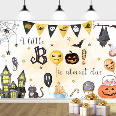 Imagem de Decoração de chá de bebê de Halloween de 3,5 x 2,5 m, fundo fotográfico, A Little Boo is Almost Due Spooky Backdrops Photo Booth Prop Banner Balloons Wall Decor Toalha de mesa