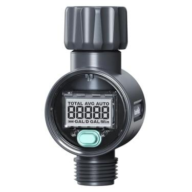 Imagem de RAINPOINT Medidor de fluxo de água para trailer, precisão do medidor de água ± 5%, medição de consumo e taxa de fluxo de até 9999,9 galões/litro, medidor de água para mangueira de jardim, piscina