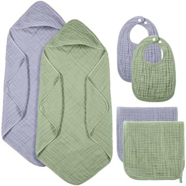 Imagem de Hahafelt Conjunto de 6 toalhas de banho com capuz de musselina, toalhas de banho e babadores, toalhas de bebê de algodão musselina absorvente cobertor com capuz toalha infantil babadores para meninos