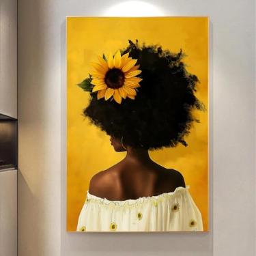Imagem de Arte de parede de mulher negra girassol moderna africana impressão abstrata mulher com flor cabelo pôster arte de parede afro-americana pinturas de menina girassol amarelo imagens de retrato de