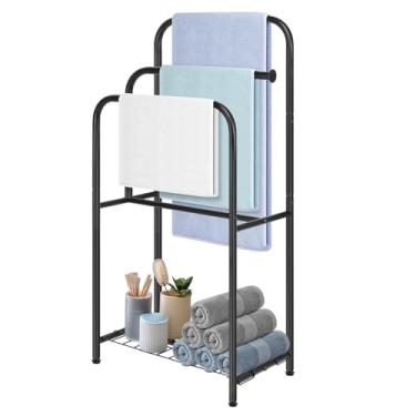 Imagem de HarJue Toalheiro para banheiro, 89 cm H Suporte de toalha de pé 3 camadas de metal para piscina para piso externo com prateleiras de armazenamento para toalha de banho toalha de banho (preto fosco)