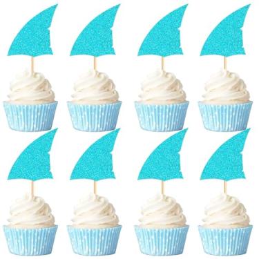 Imagem de Ercadio 24Pcs Shark Fins Cupcake Toppers Blue Glitter Shark Fins Baby Shower Party Kids Birthday Cupcake Picks Ocean Animal Theme Birthday Party Cake Decor Supplies
