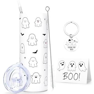 Imagem de Qtencas Boo Basket Stuffers Ideas, Cute Ghost Copo de Halloween isolado de 590 ml com tampa e canudo, presentes de Halloween assustadores copo fantasma para mulheres, amigas, ele (branco)