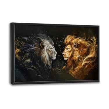 Imagem de SweetFox Arte de parede emoldurada de Rei Leão extragrande para sala de estar, imagens de leão e leoa dourada, decoração de parede grande, pintura abstrata, obras de arte para banheiro, quarto