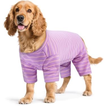 Imagem de LETSQK Pijama listrado para cães – Body térmico para cães pequenos a grandes, terno de lã para queda de lã, pijama elástico e lavável à máquina, corte de barriga para machos, ótimo para cirurgia e