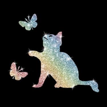 Imagem de Adesivo de carro com borboleta arranhando gato fofo cintilante autoadesivo PVC brilhante para carros, caminhões, motocicletas, capa de porta multidecoração adesivo (colorido)