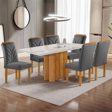 Imagem de Mesa de Jantar 6 Lugares Dakota com Vidro Off White Cinamomo/Off White/Veludo Cinza - Cel Móveis