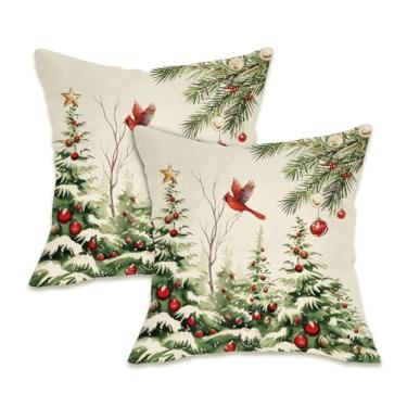 Imagem de Fahrendom Conjunto de 2 capas de almofada decorativas para árvore de Natal, 45,7 x 45,7 cm, pinheiros, pássaros, vermelhos, bola, varanda para área externa, inverno, casa de fazenda, sofá, capa de