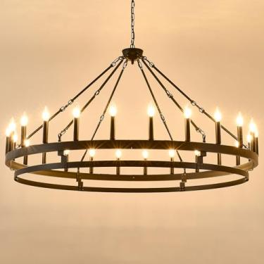 Imagem de JKLX Lustre grande de roda de vagão preto de 134,6 cm, luminária pendente redonda estilo country industrial de fazenda, luminárias de teto redondas para varanda ao ar livre, tetos altos, entrada de