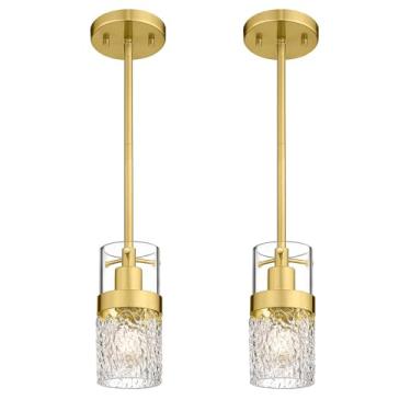 Imagem de LMS Pacote com 2 luzes pendentes modernas, luz pendente dourada escovada, ilha de cozinha com vidro martelado, luminárias suspensas ajustáveis para cozinha, sala de jantar, sala de estar, LMS-171GD2