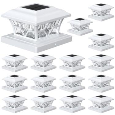 Imagem de APONUO 4 x 4 lâmpadas solares com tampa de poste pacote com 16 - 15 x 15 x 15 luz solar, 2 modos, IP64 à prova d'água, postes de postes alimentados por energia solar para postes de madeira/vinil