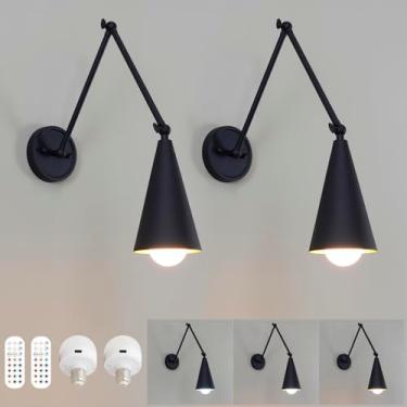 Imagem de HEQIQEH Pacote com 2 arandelas de parede pretas de metal com braço oscilante industrial, vintage, recarregáveis, reguláveis, montadas na parede, com controle remoto, para cozinha, quarto, lounge