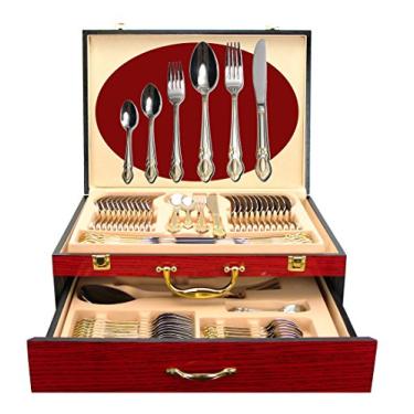 Imagem de Conjunto de talheres de ouro luxuosos da Venezia Collection, 75 peças, para 12 c/estojo de armazenamento de madeira, serviço de talheres de jantar premium banhado a 24 quilates, 18/10 cerâmica, talheres de aço inoxidável cirúrgico, conjunto de servir em um tórax, Regency, 1