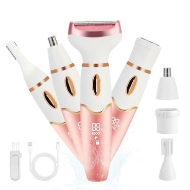 Imagem de Barbeadores elétricos femininos, aparador de biquíni feminino 4 em 1, barbeador elétrico para mulheres, à prova d'água, para rosto molhado/seco, para nariz, sobrancelha, braços, axilas, pernas, área