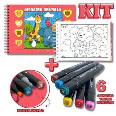 Imagem de KIT com Livro de Colorir Amazing Animais + 6 Canetas Touch Pontas Dupl