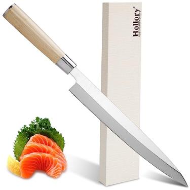 Imagem de Hollory Faca de sushi Sashimi – Faca de corte Yanagiba japonesa de 24 cm, faca de peixe de aço inoxidável de alto carbono profissional super afiada com cabo Pakkawood