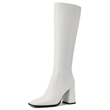 Imagem de Botas femininas de cano alto, cano alto, salto grosso, bico quadrado, botas longas com zíper lateral, Branco, 35