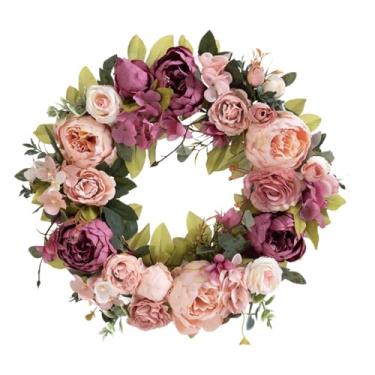 Imagem de IEUDNS Guirlanda de primavera para porta da frente, flores artificiais de peônia, para áreas internas e externas, 15,75 polegadas, guirlanda para festival de, Pasta de Feijão Violeta