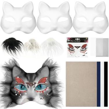 Imagem de ZFLYCANP Kit de máscara faça você mesmo, kit de máscara em branco versátil estilo gato de superfície lisa com pele sintética e malha de olhos para cosplay de carnaval de máscaras (cinza)