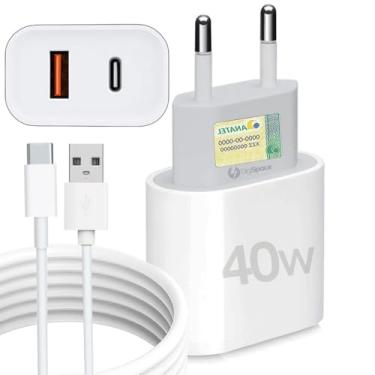 Imagem de Kit Carregador Super Turbo 40W Porta Dupla (USB-A + USB-C) + Cabo USB e Tipo-C, Compatível com Todos Dispositivos, Iphone 15/16/17 IOS Android Galaxy, Tablets, Notebooks, Linha Premium