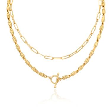 Imagem de MEIITRUE Colares em camadas para mulheres, corrente banhada a ouro 14 k, colar gargantilha moderna e delicada, fecho articulado, elos cubanos, clipe de papel, corrente para presente, One Size, Metal