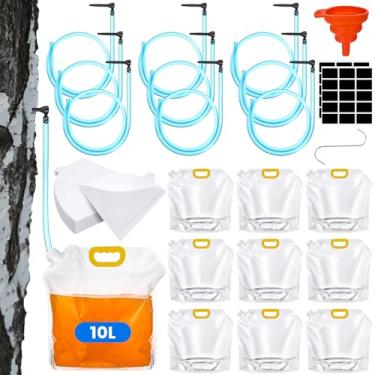 Imagem de Nuogo 10 conjuntos de kit de batida de xarope de bordo de 10 L com sacos grandes, torneira de seiva de árvore, linhas de tubulação de 0,9 m, adesivos, papel de filtro, ganchos de funil de silicone