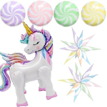 Imagem de Decorações de festa de aniversário de unicórnio para meninas – Balão grande de unicórnio autônomo com balões de doces pastel e balão explosivo marrom para tema arco-íris, suprimentos de festa de chá