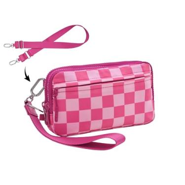 Imagem de UIBRN Carteiras transversais quadriculadas para mulheres, bolsa clutch de nylon com 4 zíperes RFID com 2 tiras, porta-cartão de crédito pequeno, Vermelho rosa