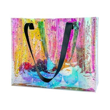 Imagem de TotePrint Sacola holográfica transparente com alças pretas Rainbow Stadium Bolsa de praia de pvc aprovada para mulheres compras, Estrela vermelha holográfica, Large, Bolsa de praia