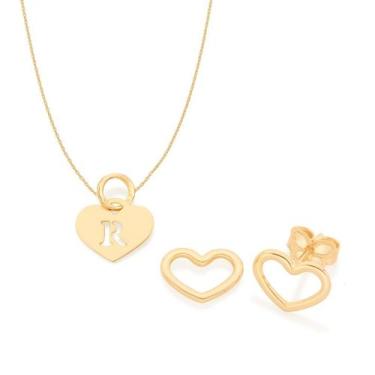Imagem de Kit Rommanel Brinco Coração Colar 42cm Letra R Pra Presente