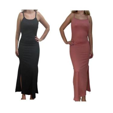 Imagem de KIT C/2 Vestidos Longo Canelado com Fenda - Emporio J, Preto, Rose, Un
