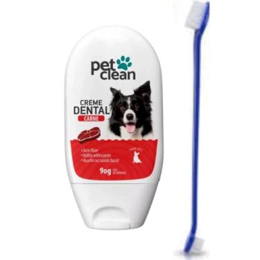 Imagem de Creme Dental Sabor Carne para Cães, 90g, Pet Clean com escova dupla cabo longo, Auxilia na Saúde Bucal, Sem Flúor, Combate o Tártaro e o Mau Hálito.