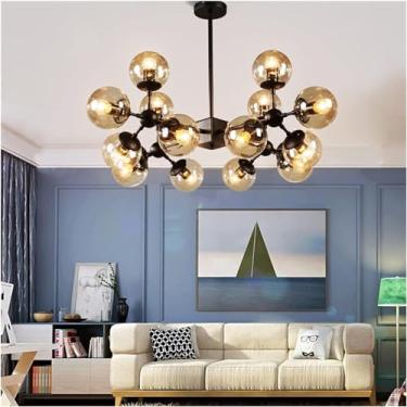 Imagem de Lustre moderno de vidro redondo bola lustre iluminação industrial ferro lustres sala estar quarto luminárias decoração casa lâmpada, âmbar branco quente led 16 cabeças